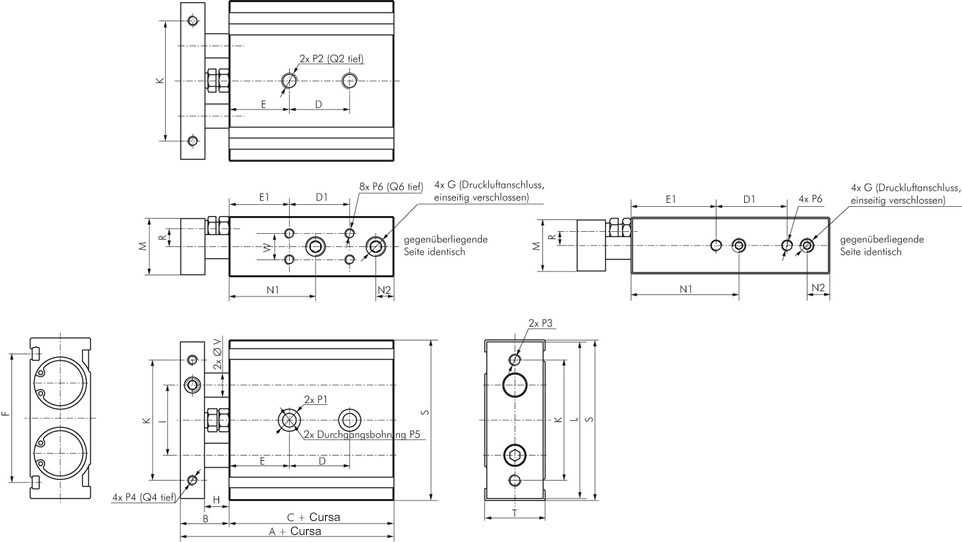 schema tehnica cilindru pneumatic cu doua pistoane EXSM