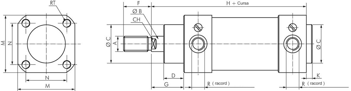 schema tehnica cilindru pneumatic patrat ISO 15552