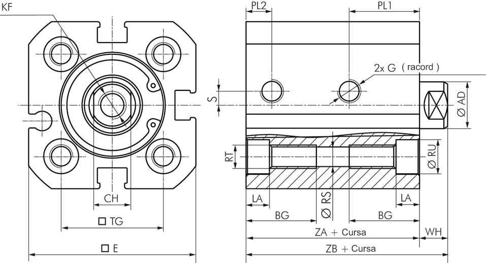 schema tehnica cilindru pneumatic compact ISO 21287